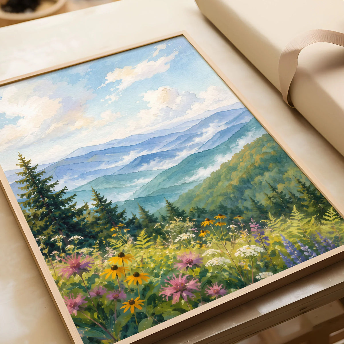 Great Smoky Mountains misty blue ridges watercolour art print in a natural wood frame, gift close-up