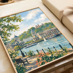 Greenwich Old Royal Naval College and Thames watercolour art print in a natural wood frame, gift close-up