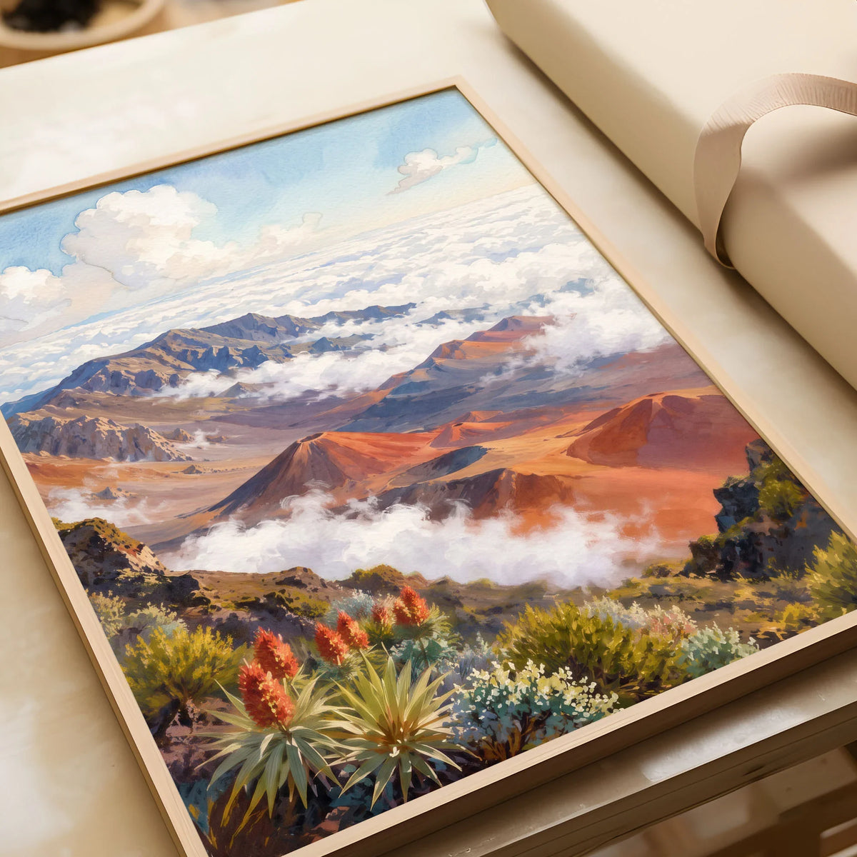Haleakalā National Park summit crater above the clouds watercolour art print in a natural wood frame, gift close-up