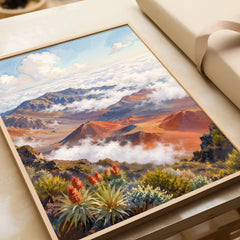 Haleakalā National Park summit crater above the clouds watercolour art print in a natural wood frame, gift close-up