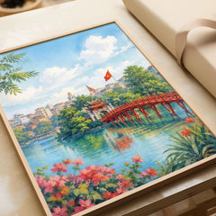 Hanoi red Huc Bridge on Hoan Kiem Lake watercolour art print in a natural wood frame, gift close-up
