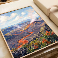 Hawaii Volcanoes National Park lava flow and steaming crater watercolour art print in a natural wood frame, gift close-up