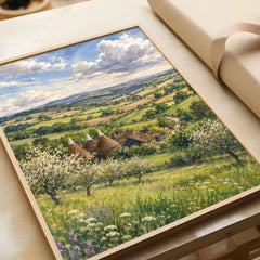 High Weald oast houses and orchard blossom watercolour art print in a natural wood frame, gift close-up