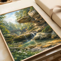 Hocking Hills State Park waterfall below sandstone cliffs watercolour art print in a natural wood frame, gift close-up