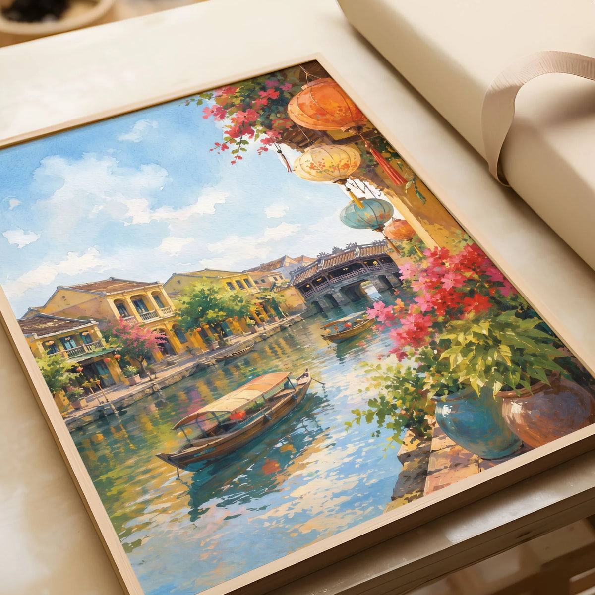 Hoi An lanterns and Japanese bridge watercolour art print in a natural wood frame, gift close-up