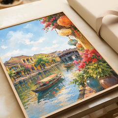Hoi An lanterns and Japanese bridge watercolour art print in a natural wood frame, gift close-up