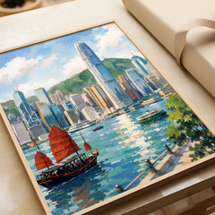 Hong Kong Victoria Harbour and junk boat watercolour art print in a natural wood frame, gift close-up