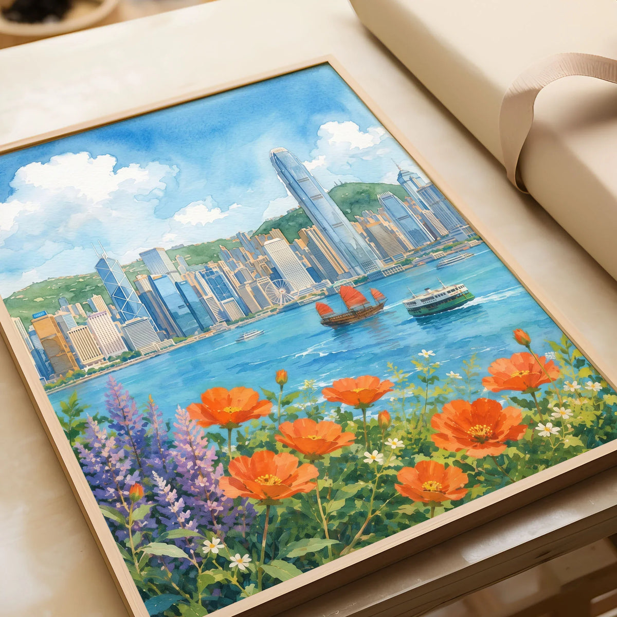 Hong Kong Victoria Harbour skyline with flowers watercolour art print in a natural wood frame, gift close-up