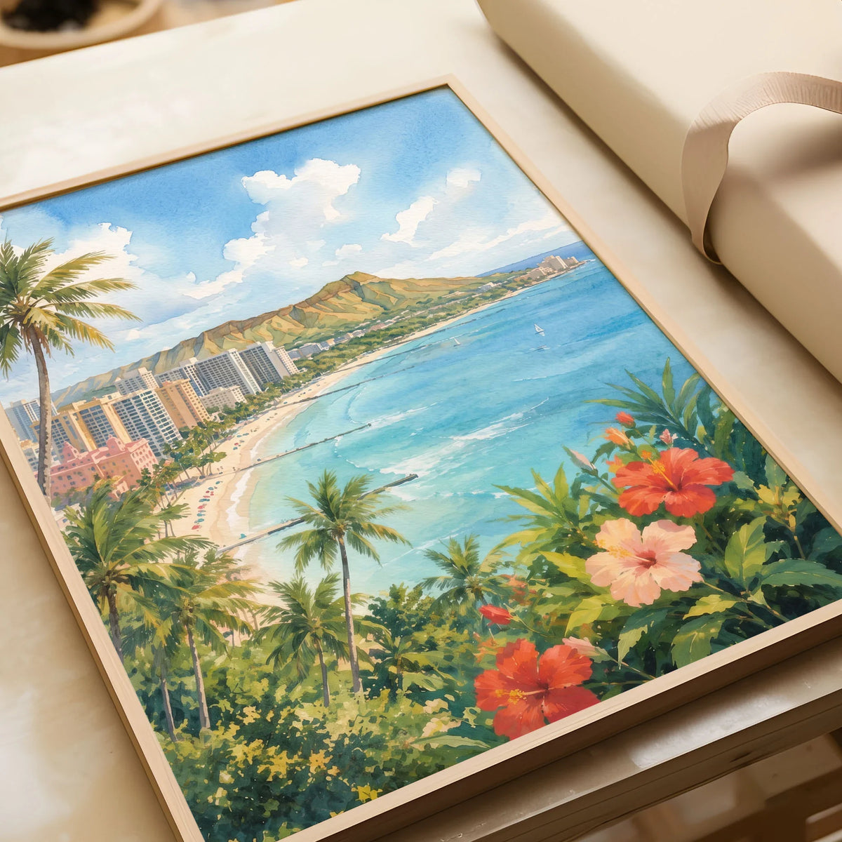 Honolulu Waikiki Beach and Diamond Head watercolour art print in a natural wood frame, gift close-up