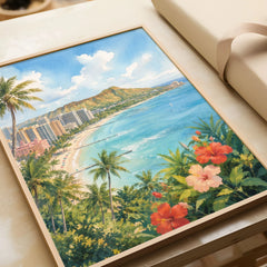 Honolulu Waikiki Beach and Diamond Head watercolour art print in a natural wood frame, gift close-up