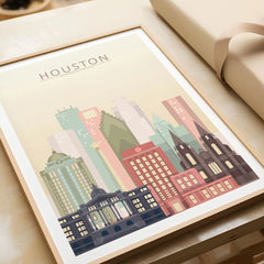 Houston city skyline art print in a natural wood frame, gift close-up