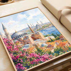 Istanbul Hagia Sophia and Blue Mosque watercolour art print in a natural wood frame, gift close-up