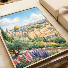 Jerusalem Dome of the Rock and Old City walls watercolour art print in a natural wood frame, gift close-up