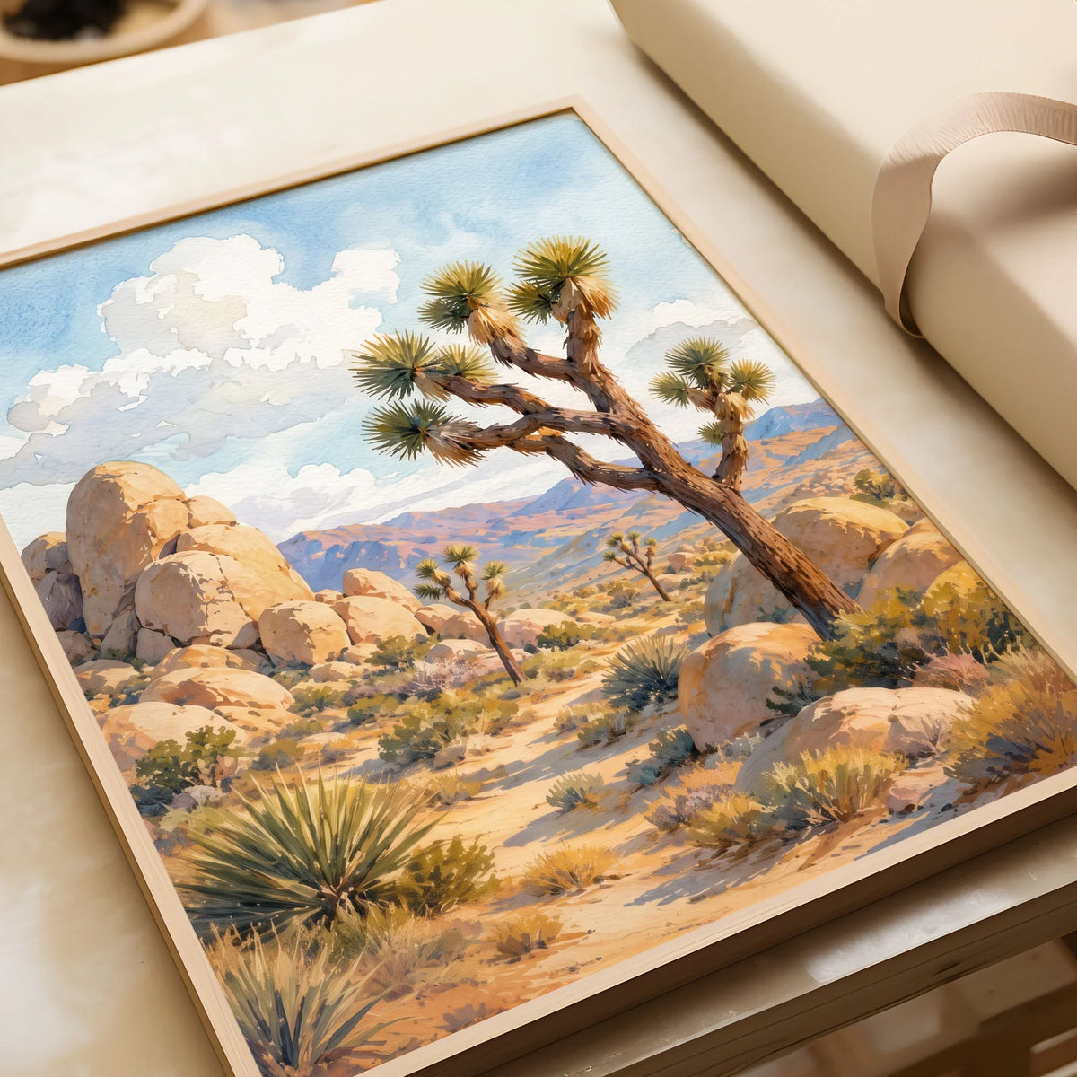 Joshua Tree National Park Joshua trees and granite boulders watercolour art print in a natural wood frame, gift close-up