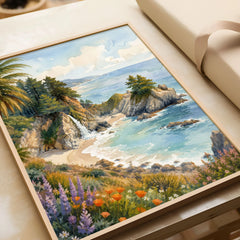 Julia Pfeiffer Burns State Park McWay Falls and cove watercolour art print in a natural wood frame, gift close-up