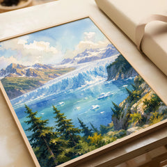 Kenai Fjords National Park tidewater glacier and fjord watercolour art print in a natural wood frame, gift close-up