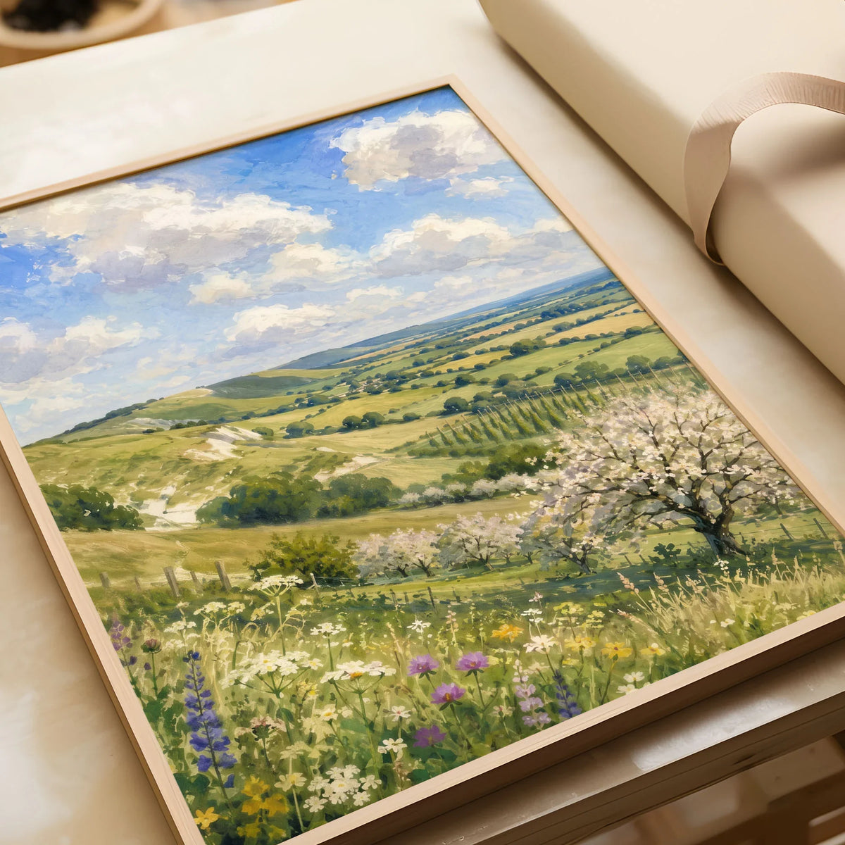 Kent Downs chalk downs and orchard blossom watercolour art print in a natural wood frame, gift close-up
