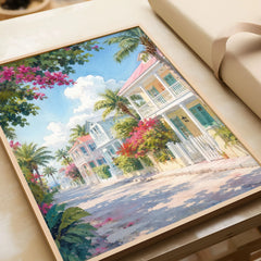 Key West pastel conch houses watercolour art print in a natural wood frame, gift close-up