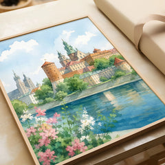 Kraków Wawel Castle on the Vistula watercolour art print in a natural wood frame, gift close-up