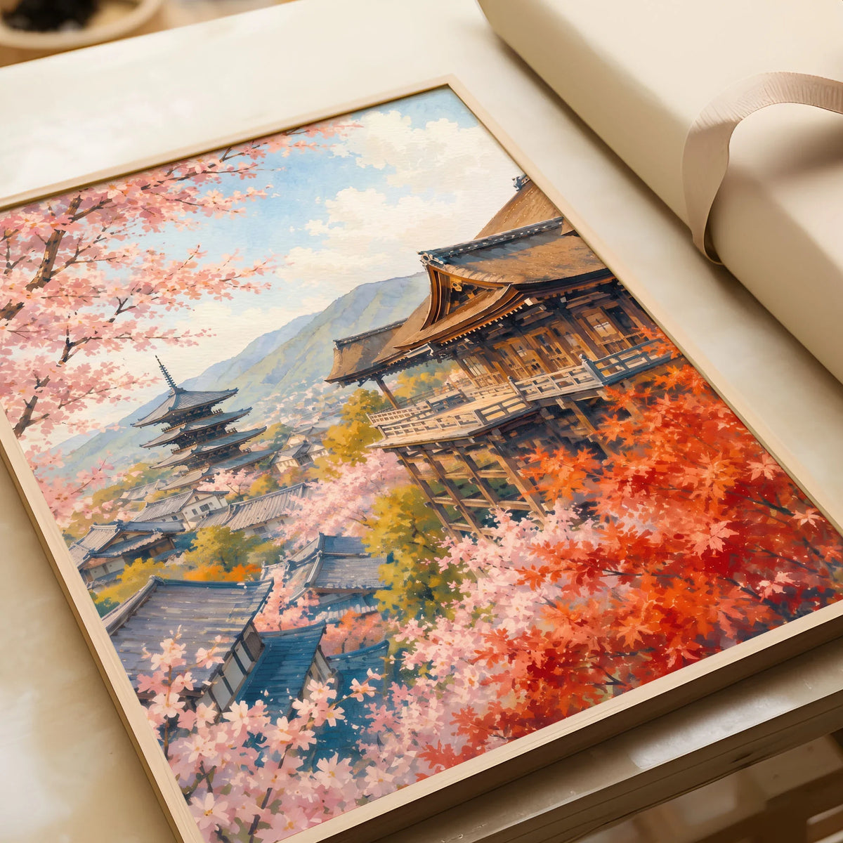 Kyoto Kiyomizu-dera temple and blossom watercolour art print in a natural wood frame, gift close-up