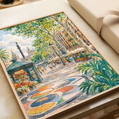 La Rambla Barcelona promenade and mosaic watercolour art print in a natural wood frame, gift close-up