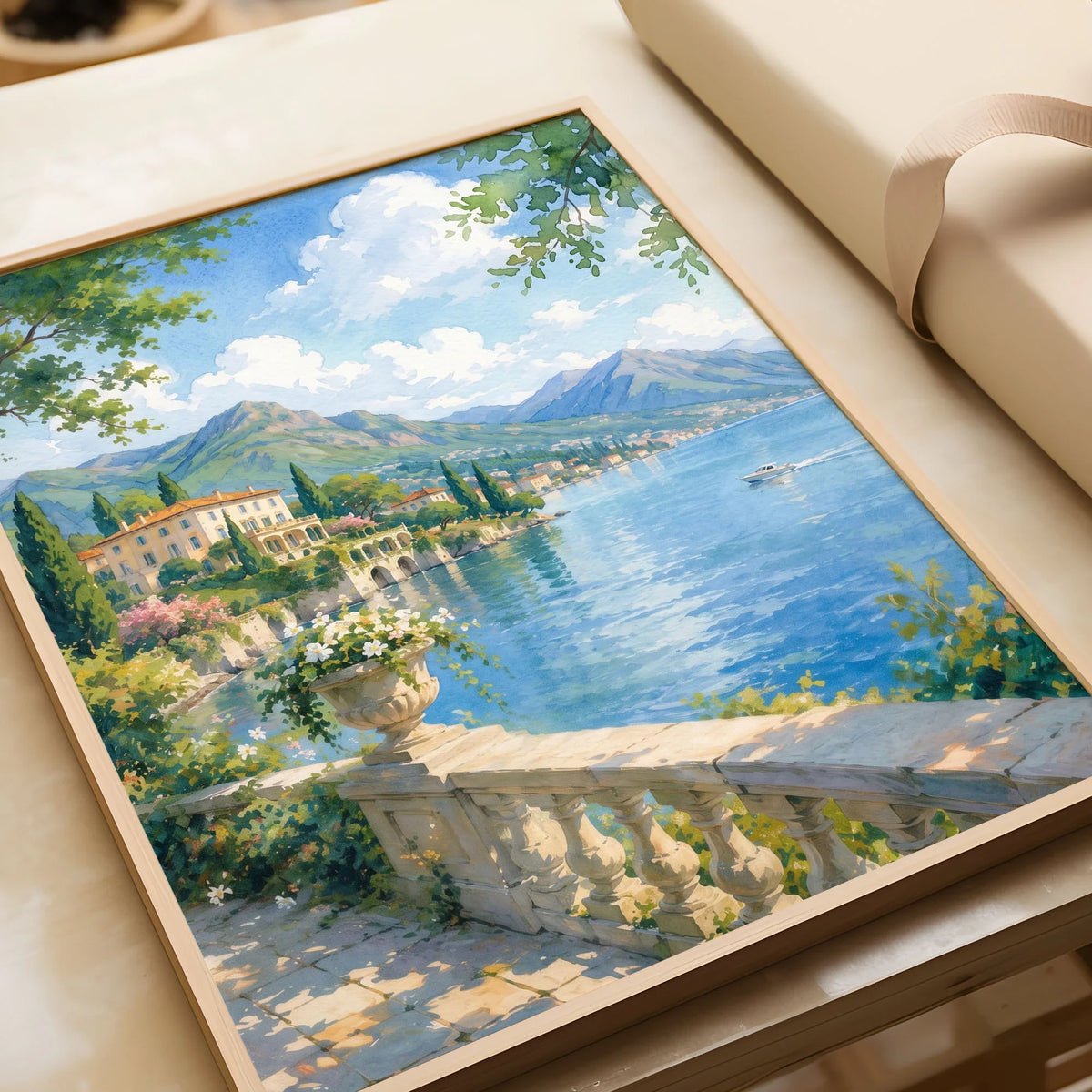 Lake Como lakeside villa and mountains watercolour art print in a natural wood frame, gift close-up