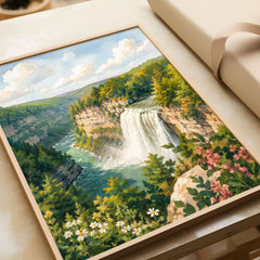 Letchworth State Park waterfall in the gorge watercolour art print in a natural wood frame, gift close-up