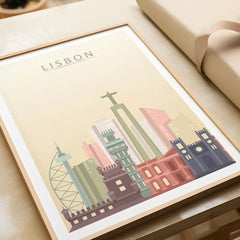 Lisbon city skyline art print in a natural wood frame, gift close-up