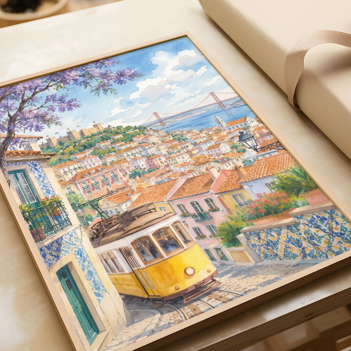 Lisbon yellow tram and castle watercolour art print in a natural wood frame, gift close-up