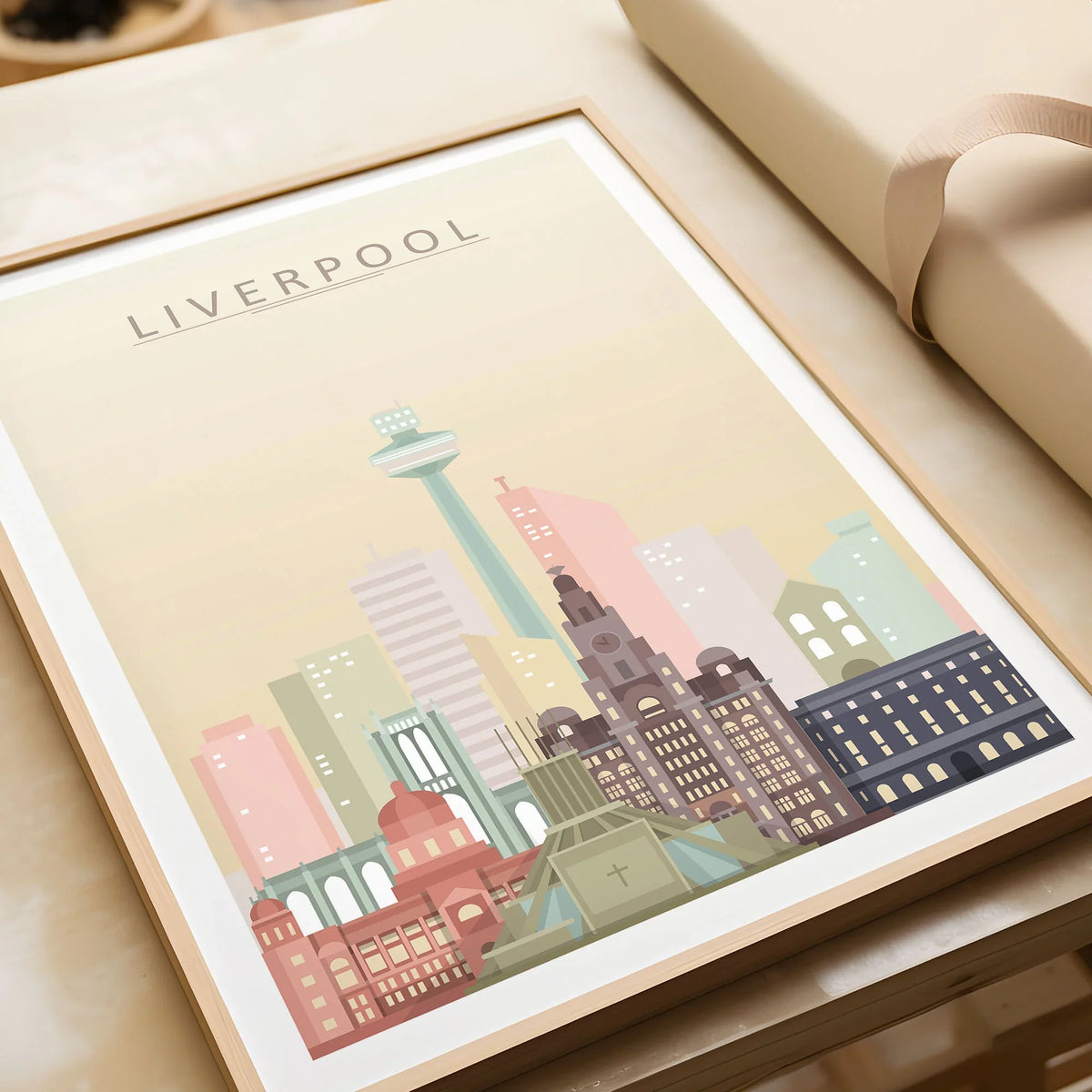 Liverpool city skyline art print in a natural wood frame, gift close-up