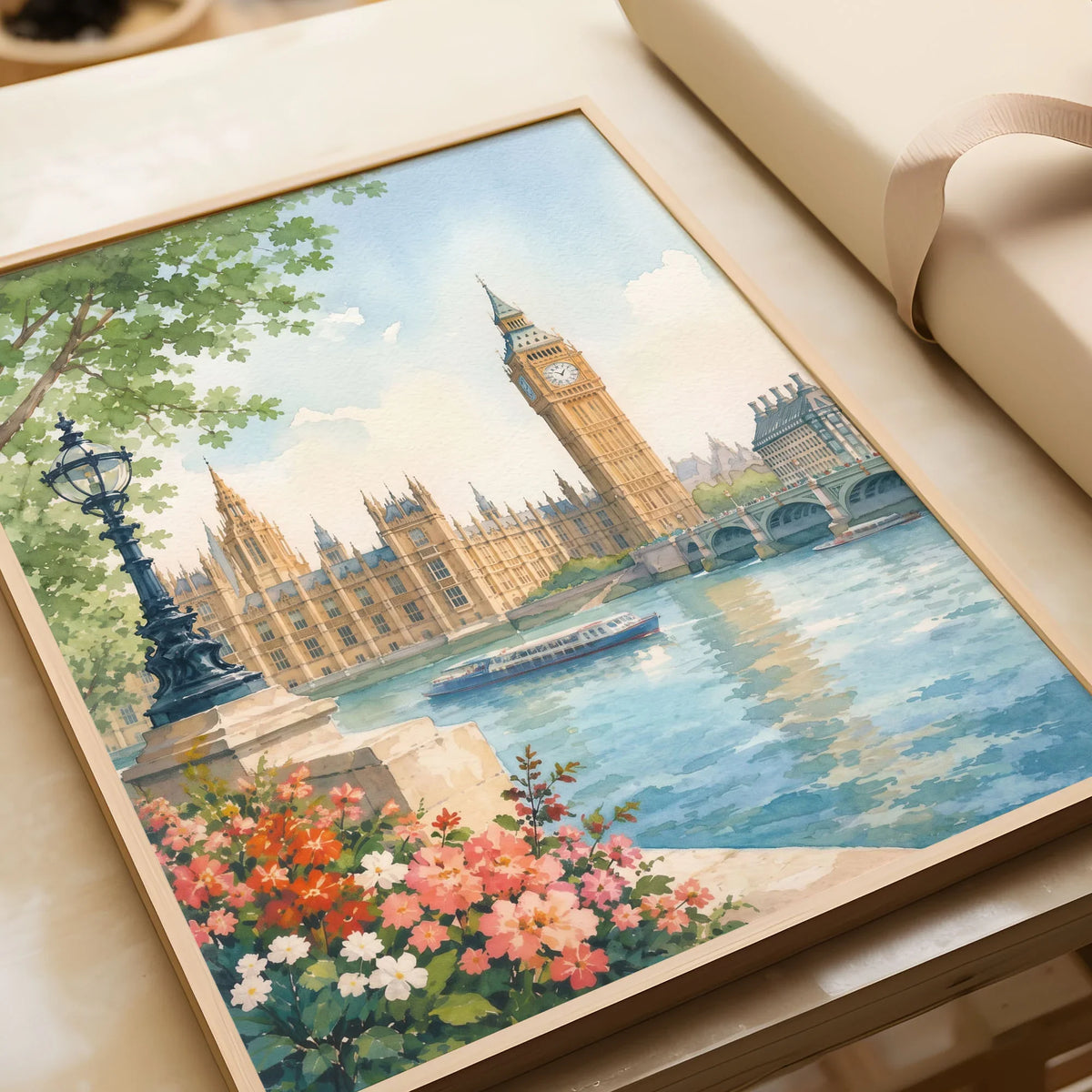 London Big Ben and Houses of Parliament watercolour art print in a natural wood frame, gift close-up