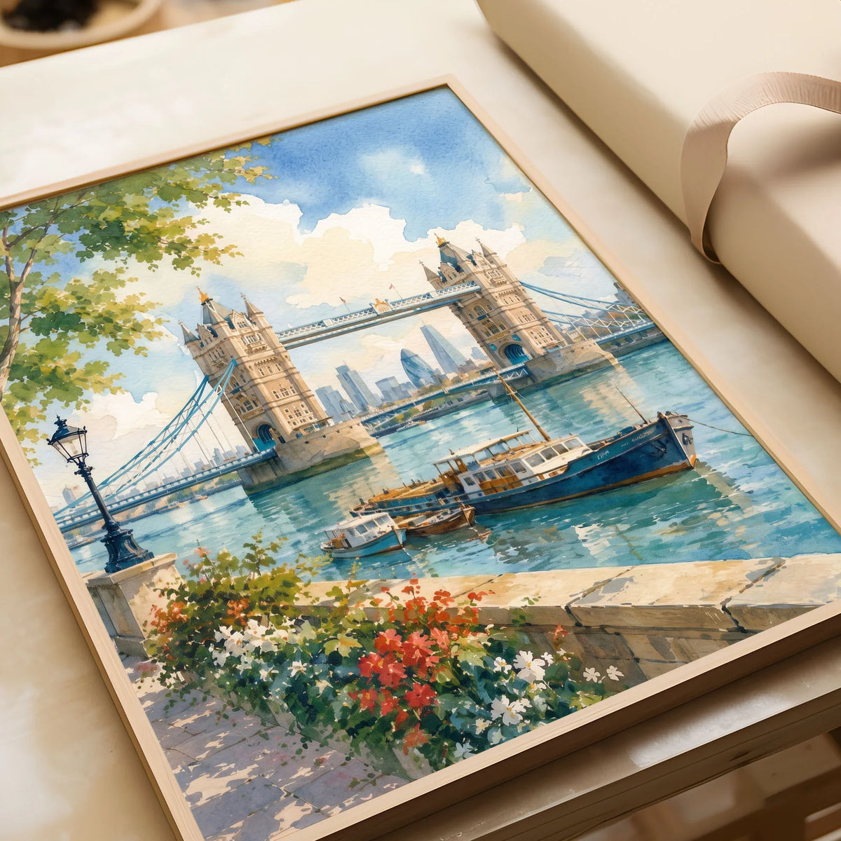 London Tower Bridge on the Thames watercolour art print in a natural wood frame, gift close-up