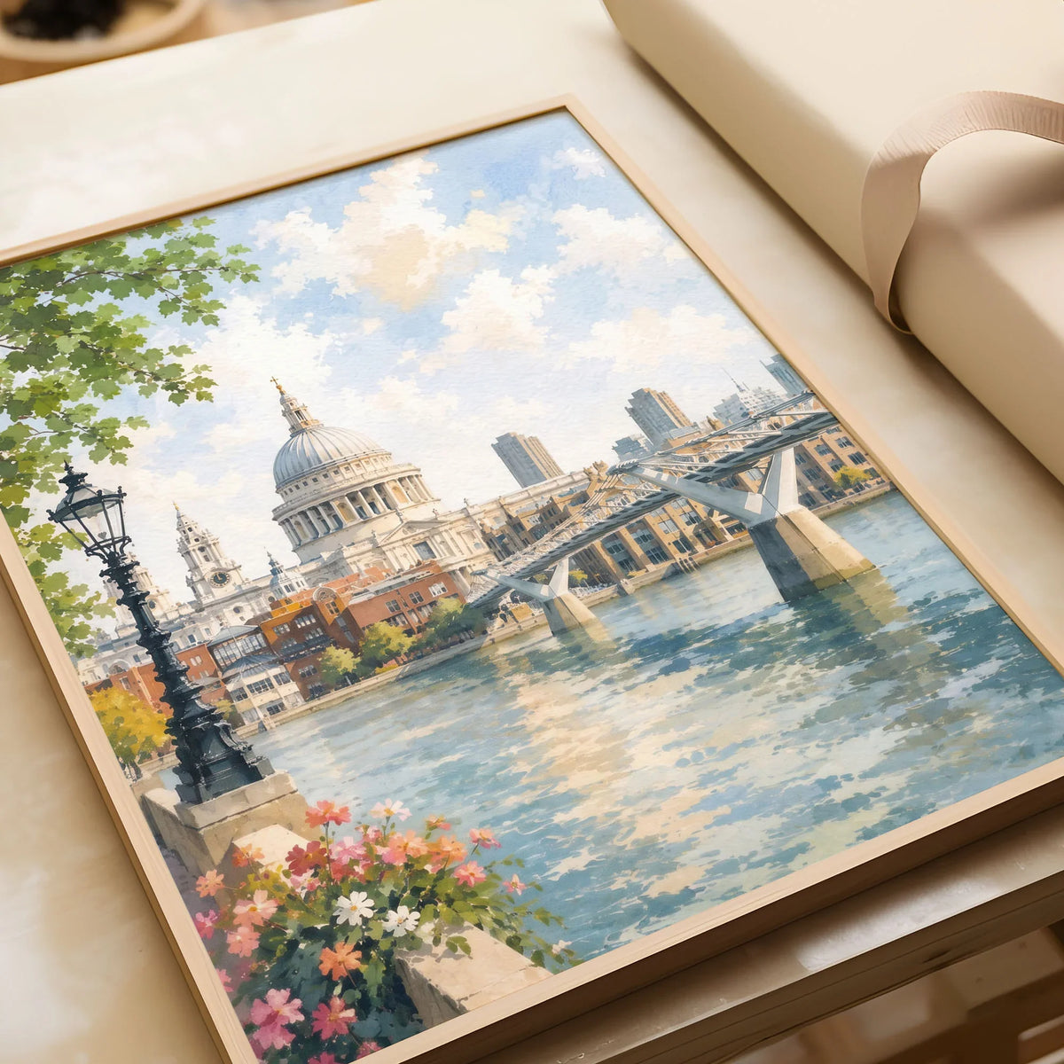 London St Paul's Cathedral and Millennium Bridge watercolour art print in a natural wood frame, gift close-up