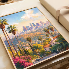 Los Angeles palm trees and downtown skyline watercolour art print in a natural wood frame, gift close-up