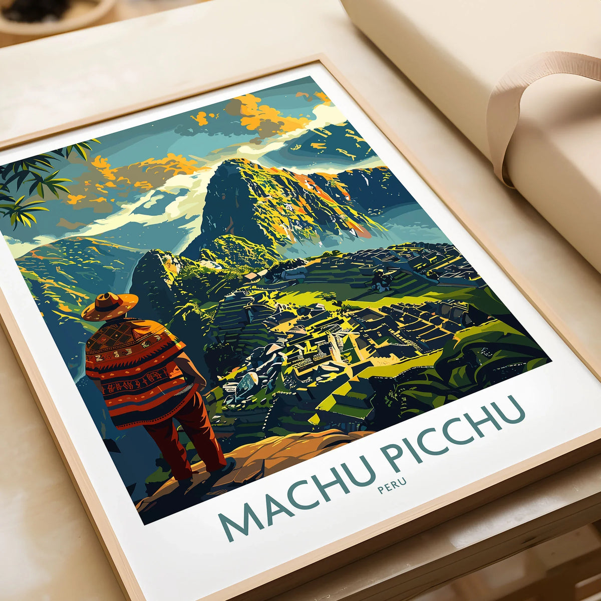 Machu Picchu Travel Poster - framed art print gift close-up in natural wood frame