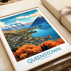 Queenstown New Zealand Lake Wakatipu in autumn modern travel poster in a natural wood frame, gift close-up