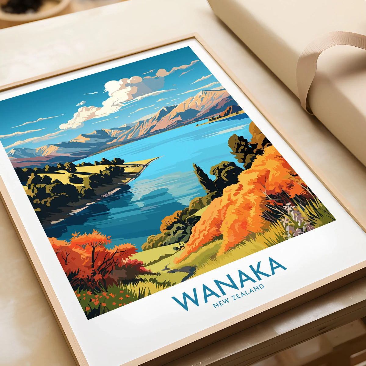 Wanaka Travel Poster New Zealand - framed art print gift close-up in natural wood frame