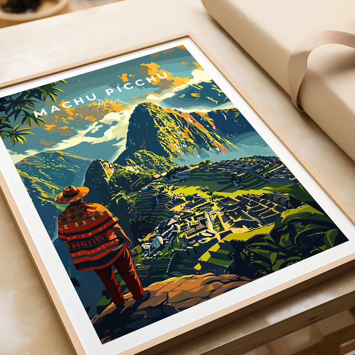 Machu Picchu Poster - framed art print gift close-up in natural wood frame