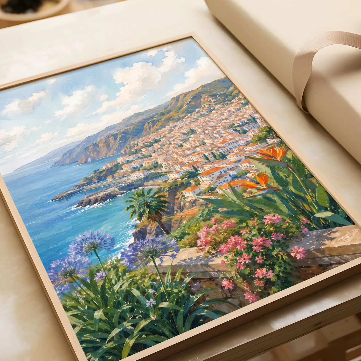 Madeira Funchal bay and coast watercolour art print in a natural wood frame, gift close-up