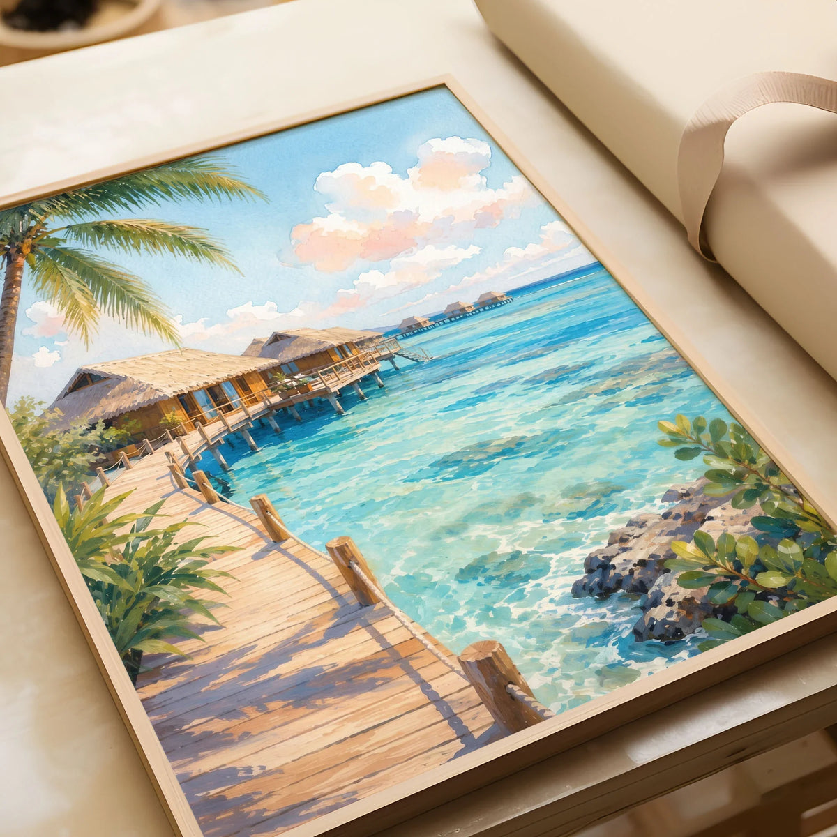 Maldives overwater villas and lagoon watercolour art print in a natural wood frame, gift close-up