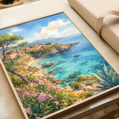 Mallorca turquoise cove and pines watercolour art print in a natural wood frame, gift close-up