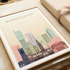 Manchester city skyline art print in a natural wood frame, gift close-up