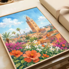 Marrakech Koutoubia Mosque watercolour art print in a natural wood frame, gift close-up