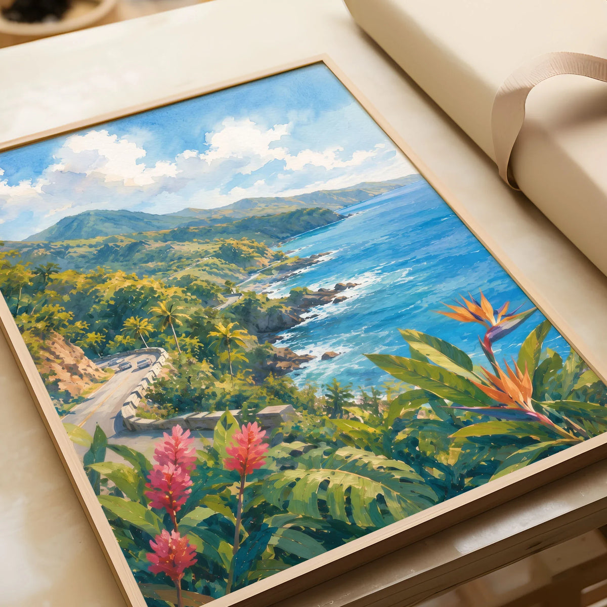 Maui Road to Hana coastline watercolour art print in a natural wood frame, gift close-up
