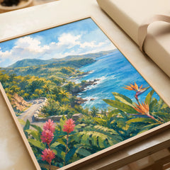 Maui Road to Hana coastline watercolour art print in a natural wood frame, gift close-up