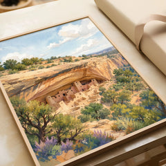 Mesa Verde National Park Cliff Palace dwellings watercolour art print in a natural wood frame, gift close-up