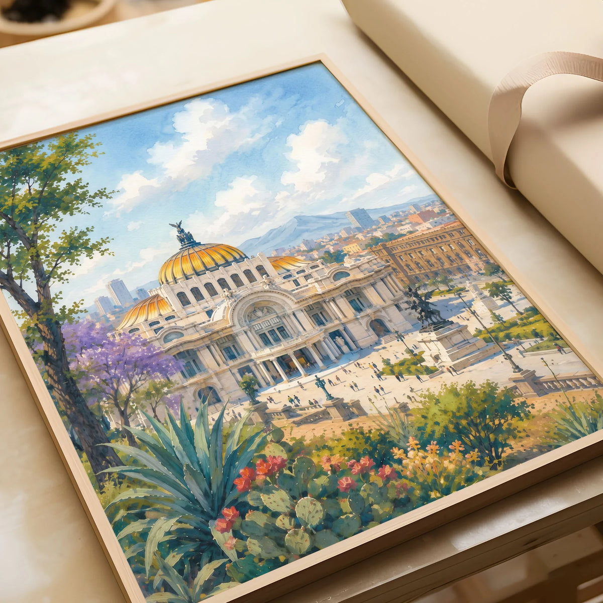 Mexico City Palacio de Bellas Artes watercolour art print in a natural wood frame, gift close-up