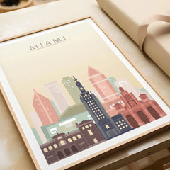 Miami city skyline art print in a natural wood frame, gift close-up