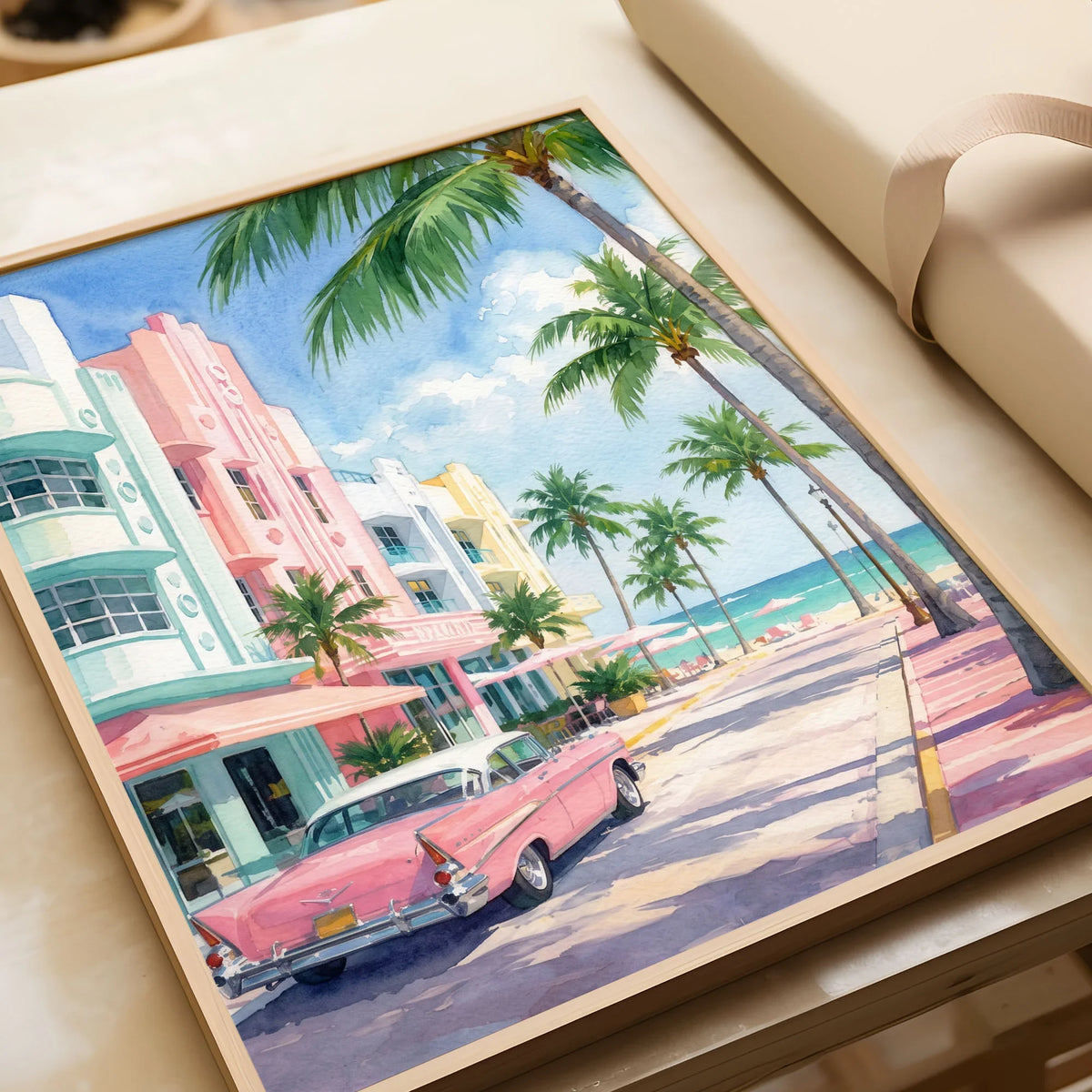 Miami Art Deco Ocean Drive and classic car watercolour art print in a natural wood frame, gift close-up
