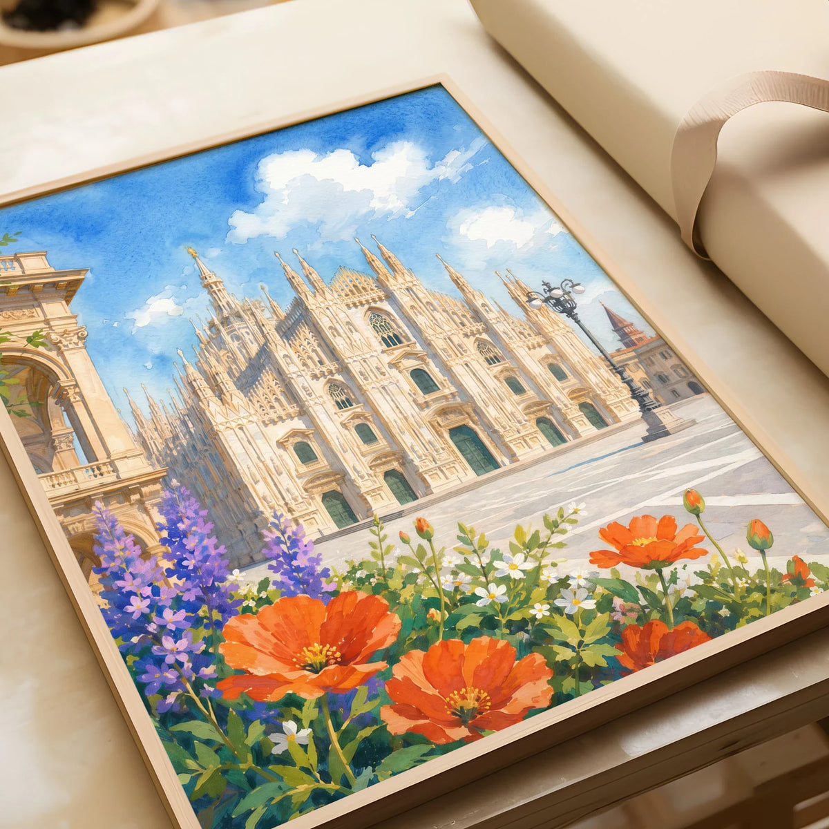 Milan Duomo di Milano watercolour art print in a natural wood frame, gift close-up